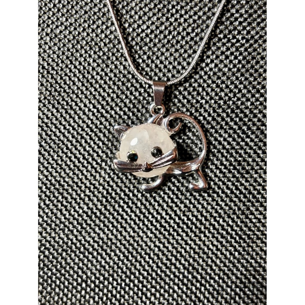 Silver Tone Cat Pendant Necklace White Stone Black Eyes Snake Chain Adjustable